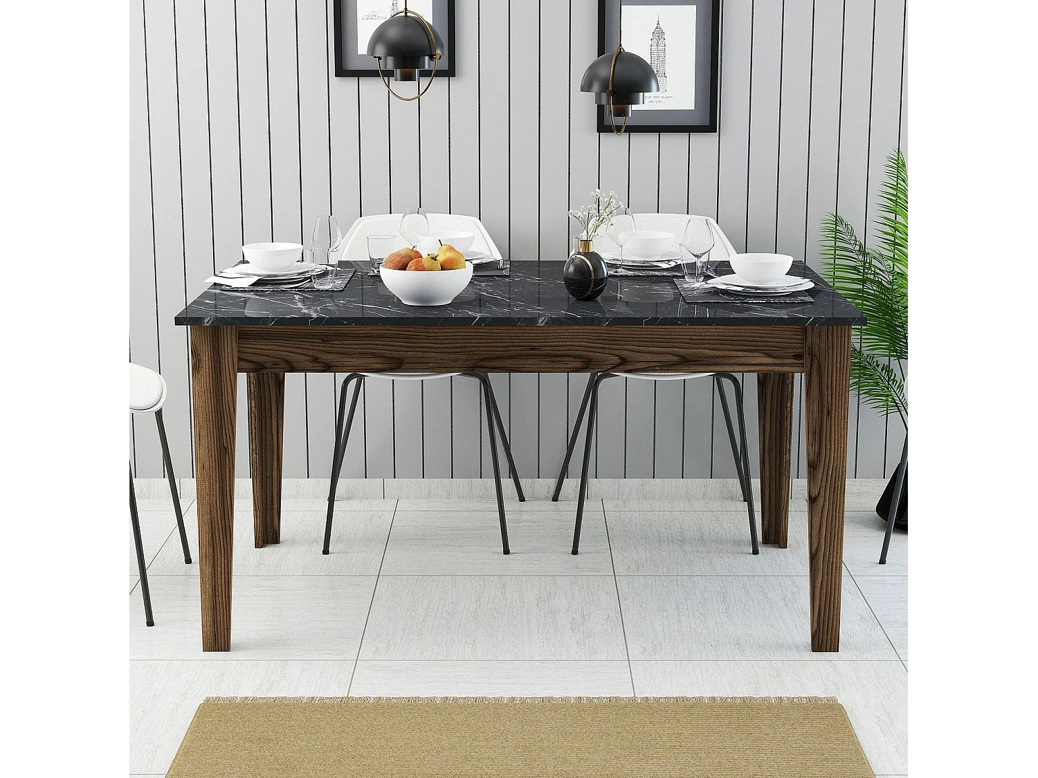 Table de salle à manger avec rangement Kaltes L145cm Effet marbre Noir et bois
