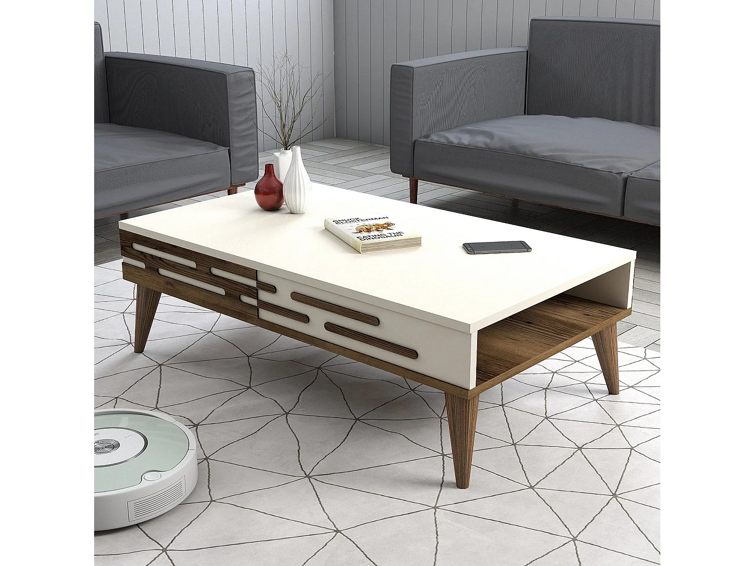 Mesa de Centro Valensiya em Noz e Creme: Elegância e Funcionalidade