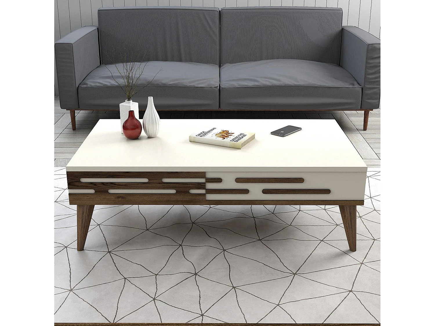 Table basse design Oviva L105cm Bois foncé et Blanc crème