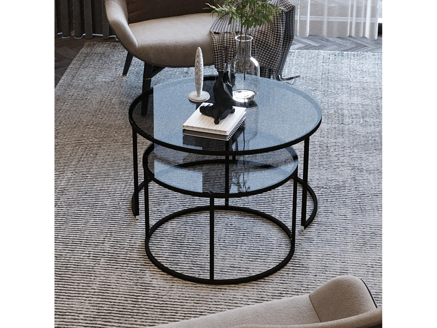 Conjunto mesa de centro Kailua 126, Negro, 45cm, Diámetro: 60, Vidrio templado, Redonda