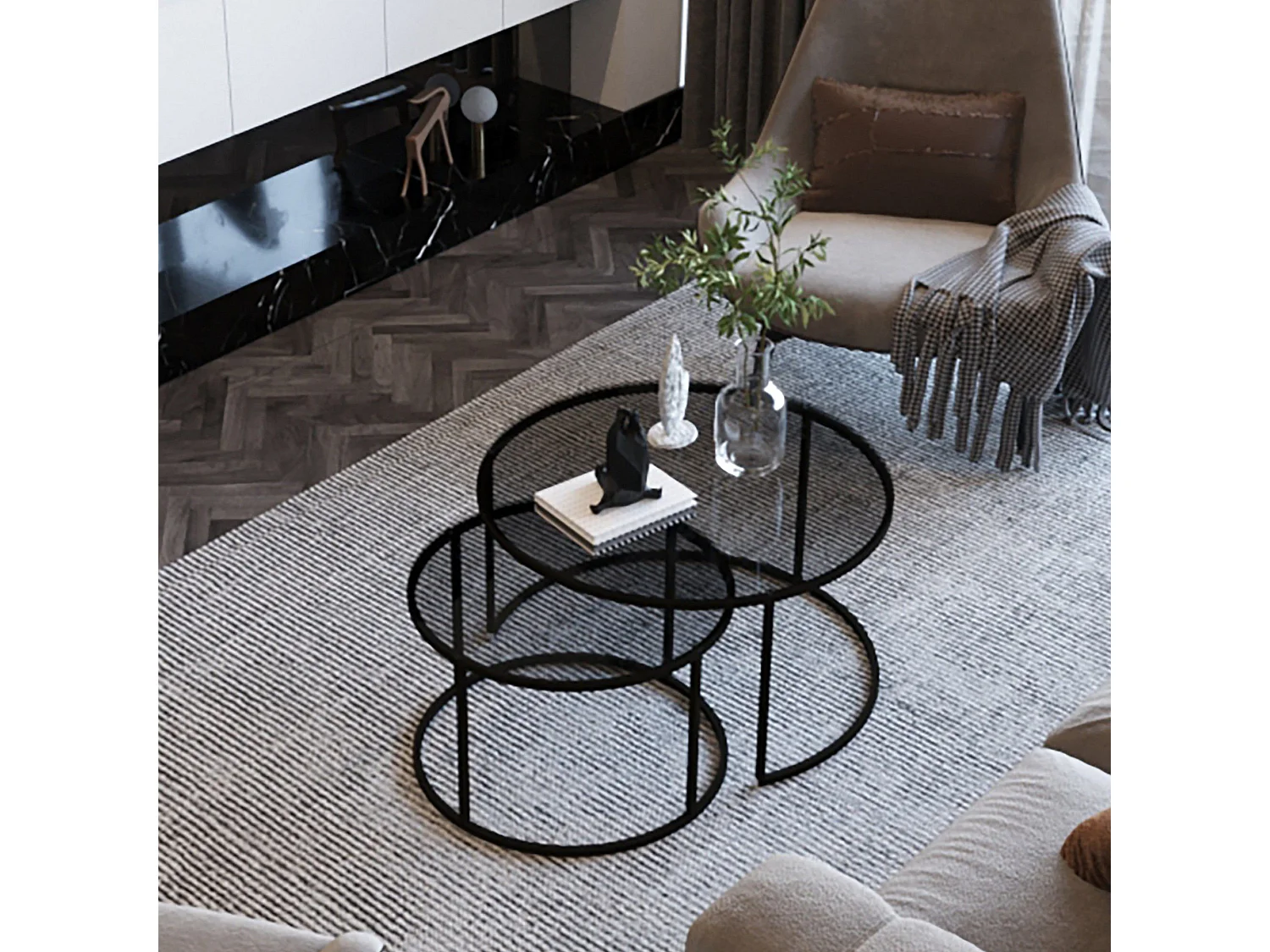 Conjunto mesa de centro Kailua 126, Negro, 45cm, Diámetro: 60, Vidrio templado, Redonda