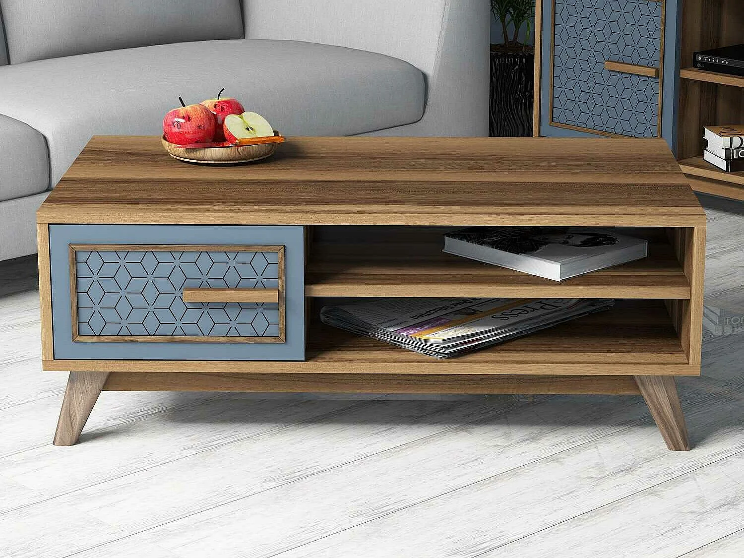 Mesa de café Kailua 1274, Nogal|Azul, 38x60x105cm, Aglomerado laminado, Angular