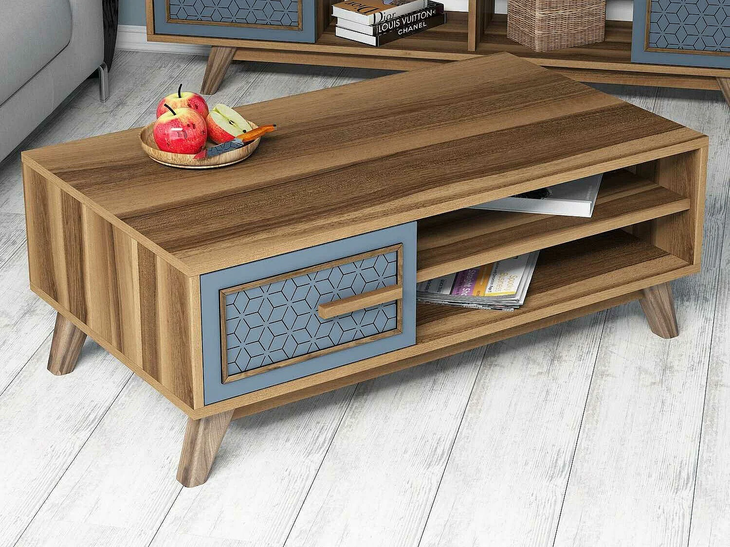 Mesa de café Kailua 1274, Nogal|Azul, 38x60x105cm, Aglomerado laminado, Angular