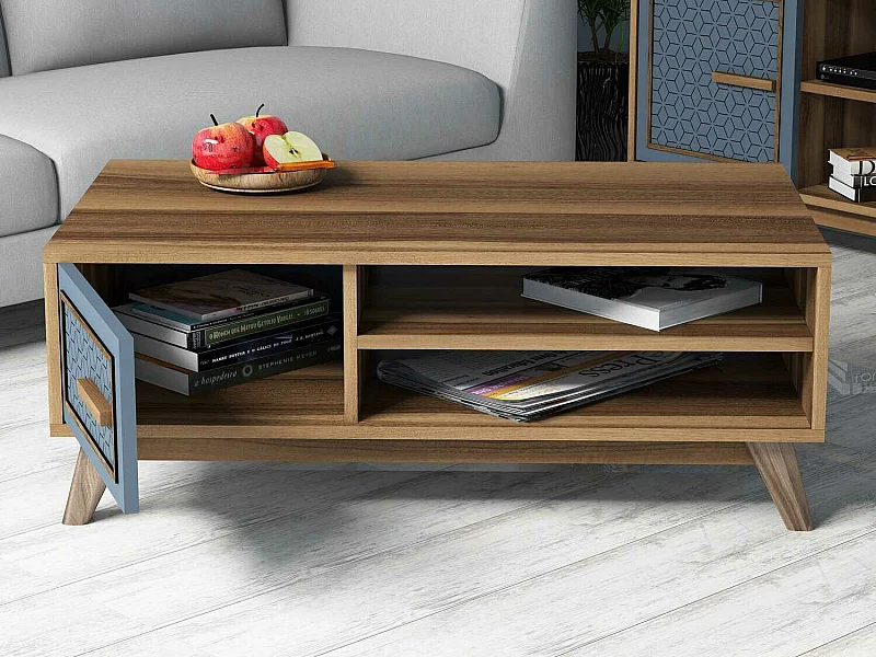 Tavolino da caffè Kailua 1274, Noce|Blu, 38x60x105cm, Truciolare laminato, Angolare