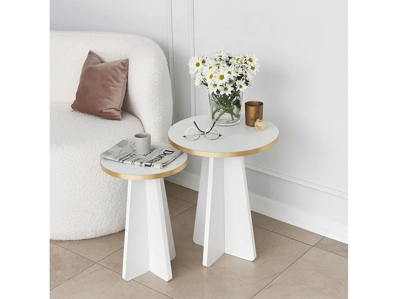 Lot de 2 tables basse gigognes Ralia Bois Blanc et Or