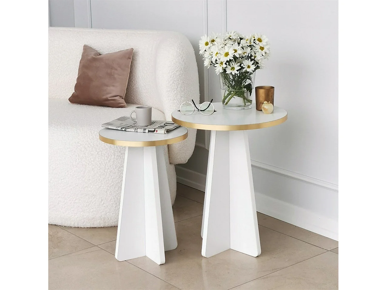 Lot de 2 tables basse gigognes Ralia Bois Blanc et Or