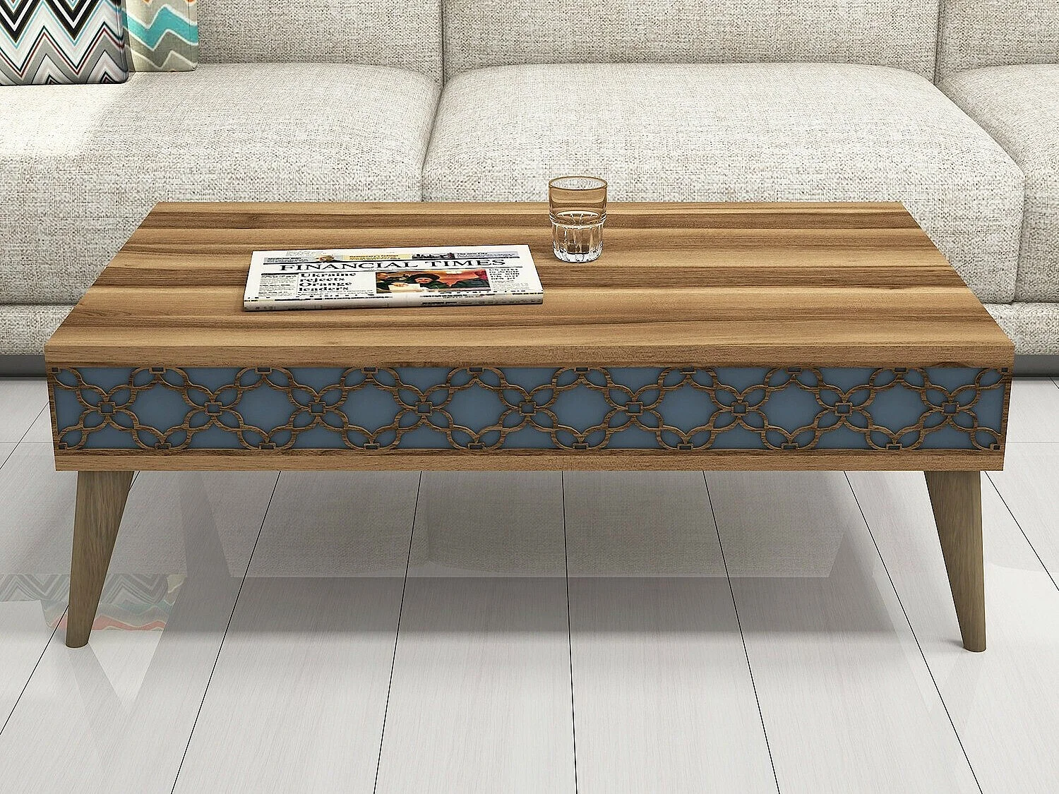 Mesa de café Kailua 159, Azul|Nuez, 37x60x105cm, Aglomerado laminado, Angular