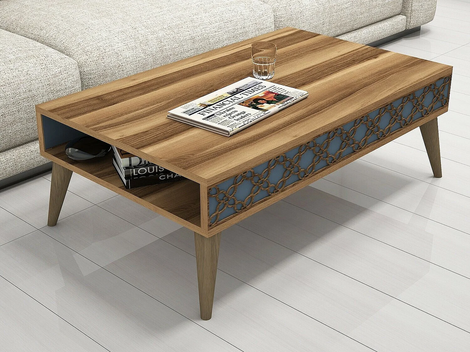 Tavolino da caffè Kailua 159, Noce|Blu, 37x60x105cm, Truciolare laminato, Angolare