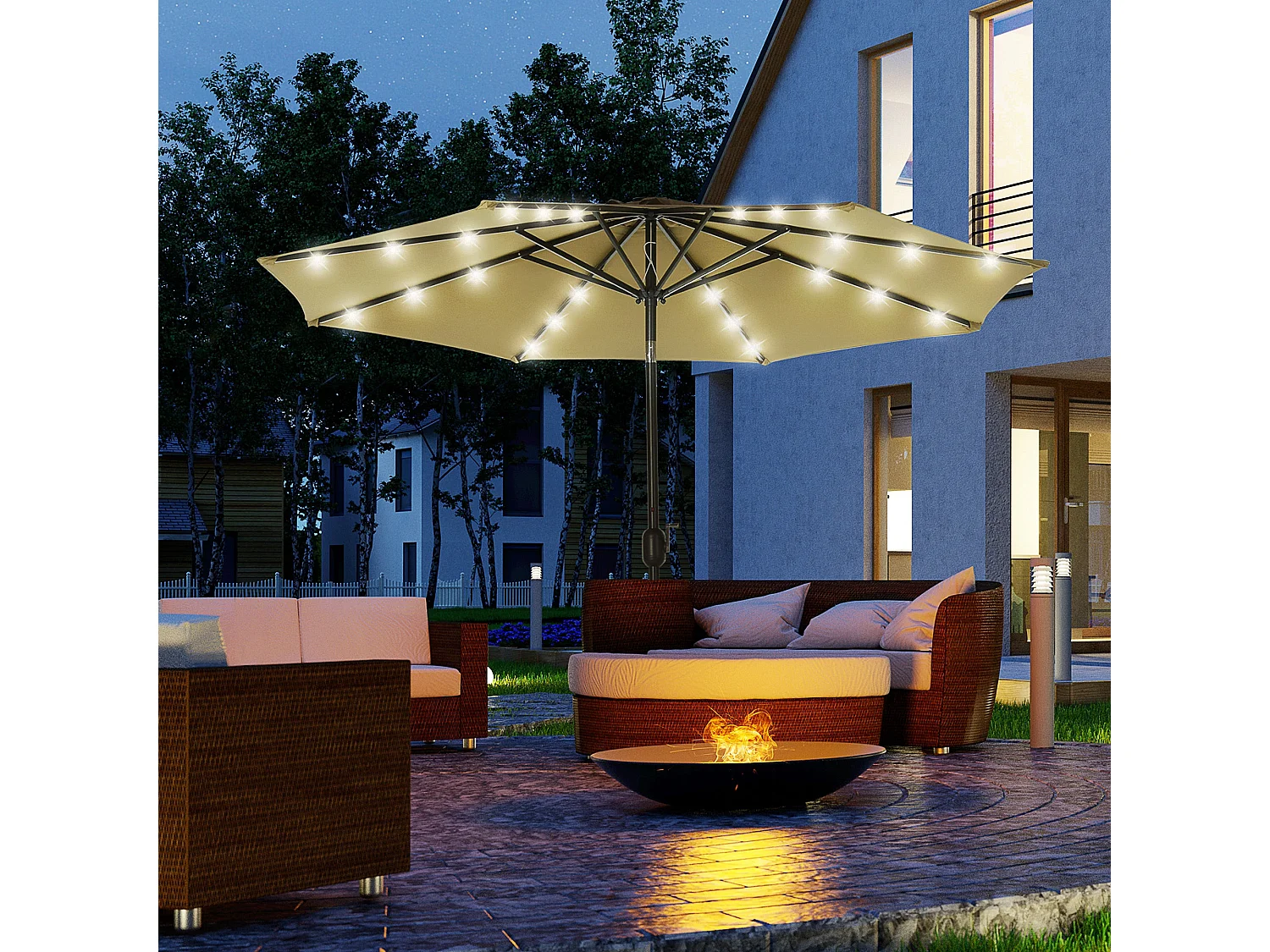 Chapéu de Sol Octogonal Outsunny com Luz LED Solar - Ø268x238cm - Marrom