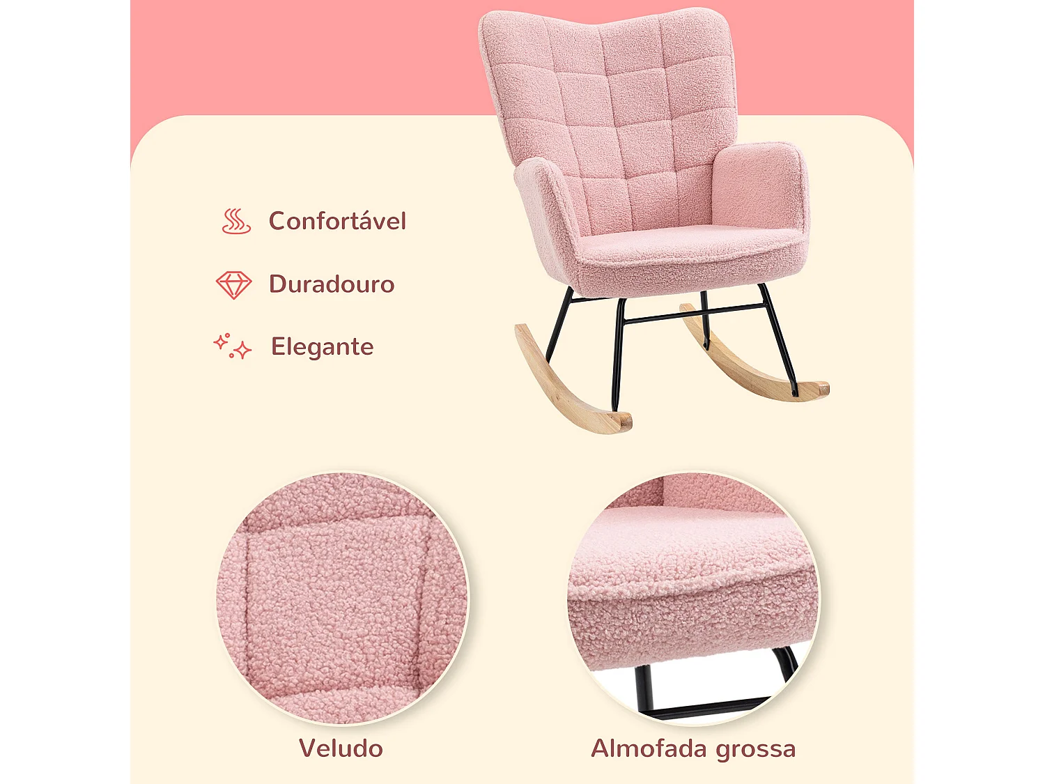 Poltrona de Baloiço HOMCOM Rosa com Estofamento Acolchoado e Estrutura Resistente