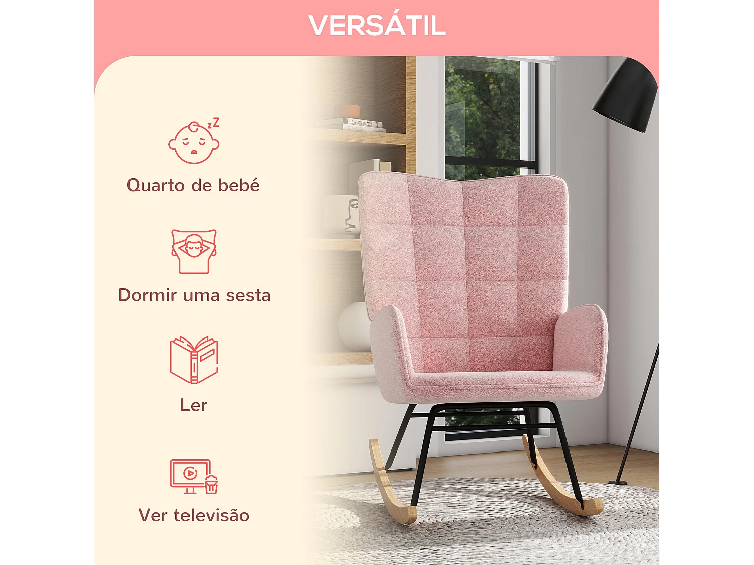 Poltrona de Baloiço HOMCOM Rosa com Estofamento Acolchoado e Estrutura Resistente