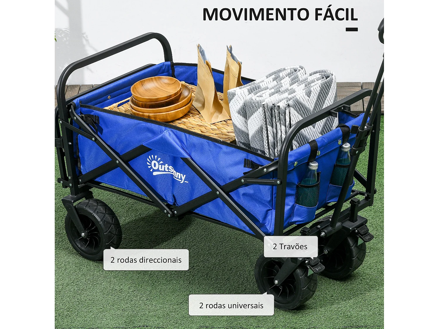 Carrinho de Transporte Dobrável Outsunny para Jardim - Capacidade 100 kg, Ajustável e Compacto em Azul Escuro