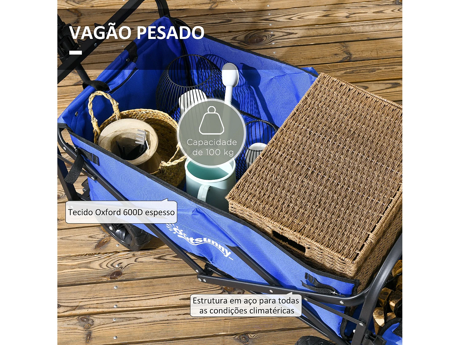 Carrinho de Transporte Dobrável Outsunny para Jardim - Capacidade 100 kg, Ajustável e Compacto em Azul Escuro