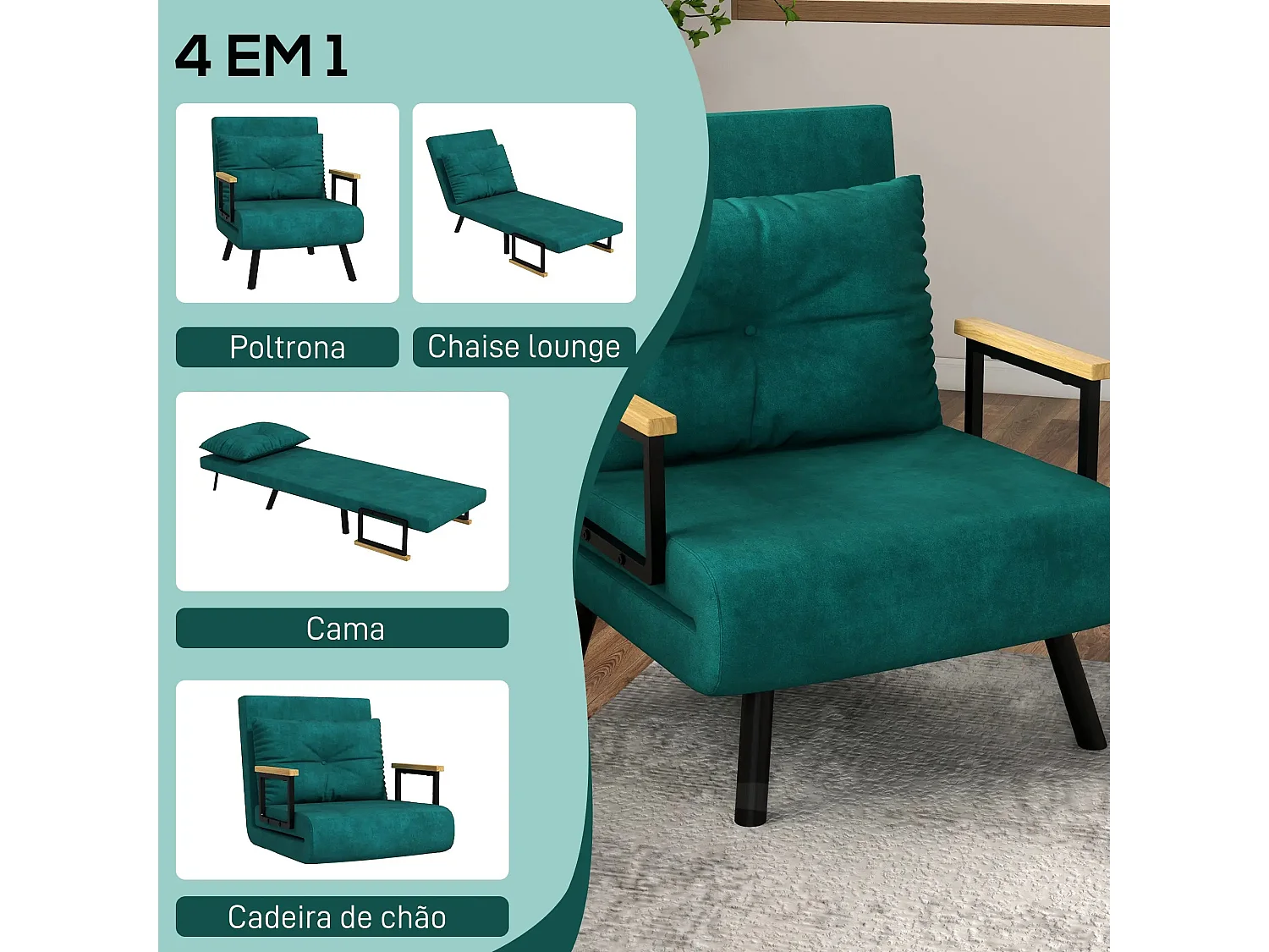 Sofá cama Prisma Homcom individual 4 en 1 verde 81x73x63cm