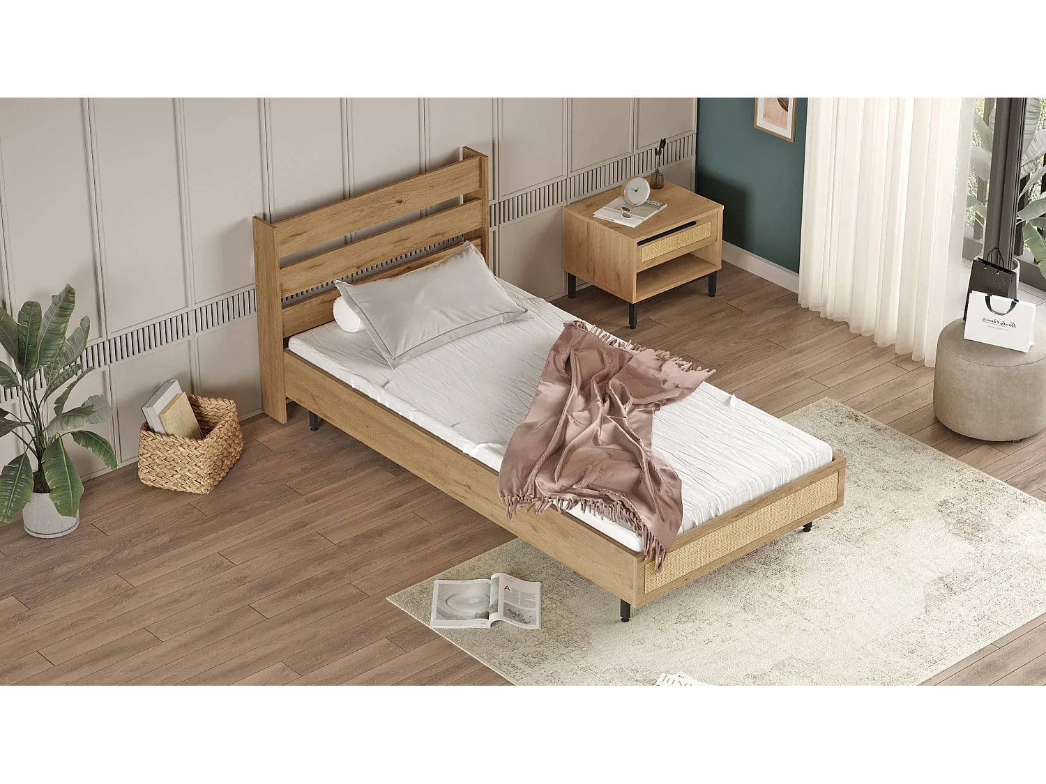 Lit simple Evelis 100x200cm Bois et Rotin clair