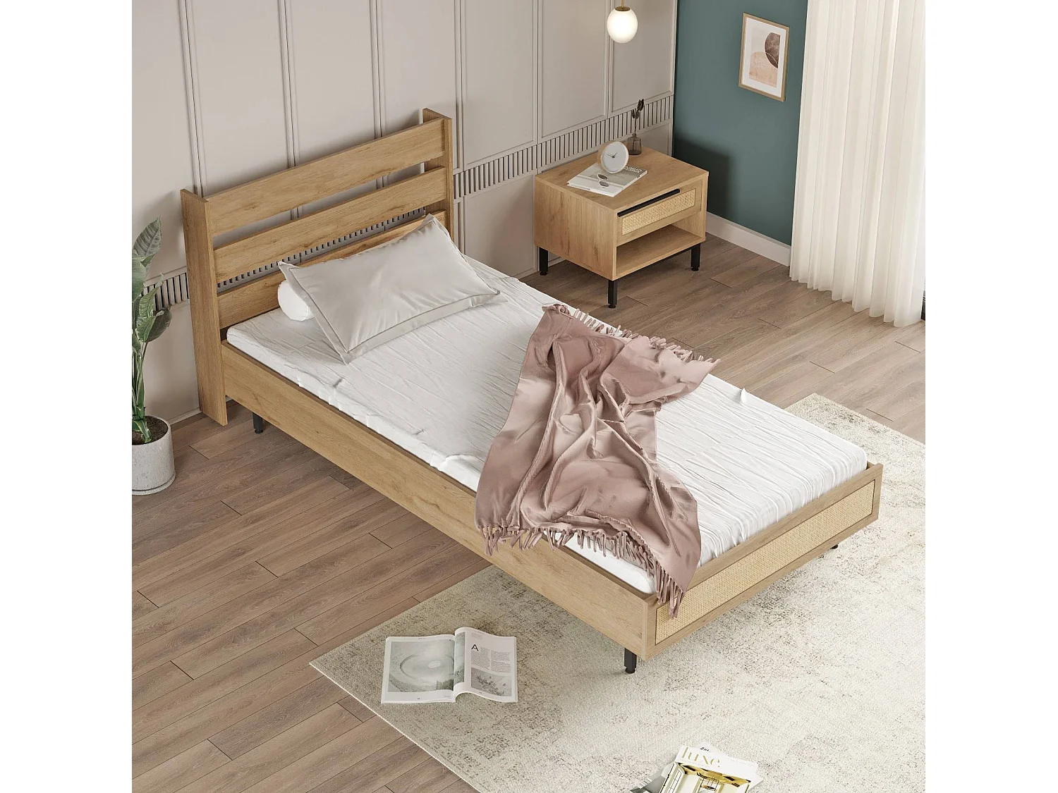 Lit simple Evelis 100x200cm Bois et Rotin clair