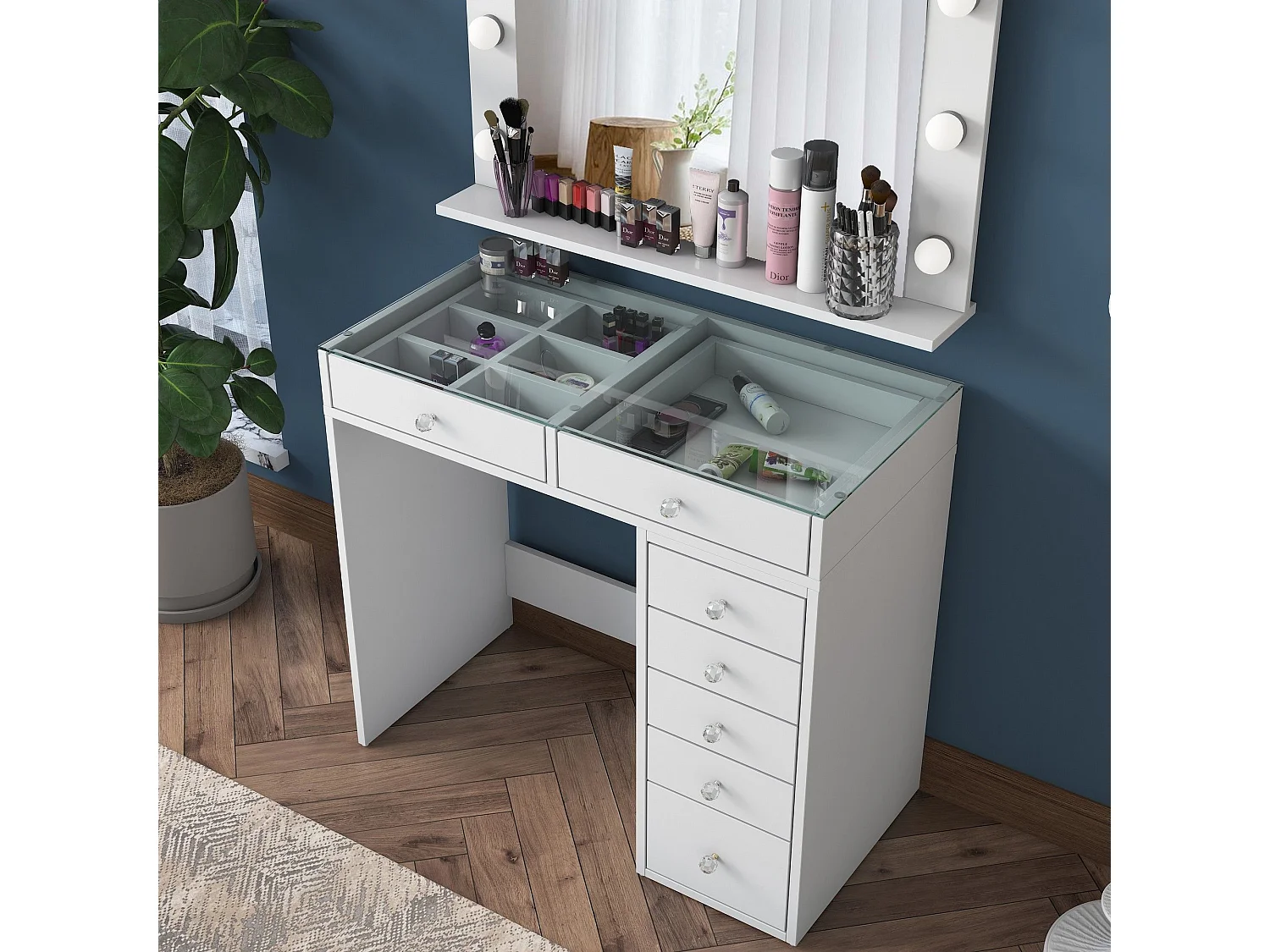Coiffeuse moderne avec miroir LED et dessus Transparent Beline L90cm Blanc