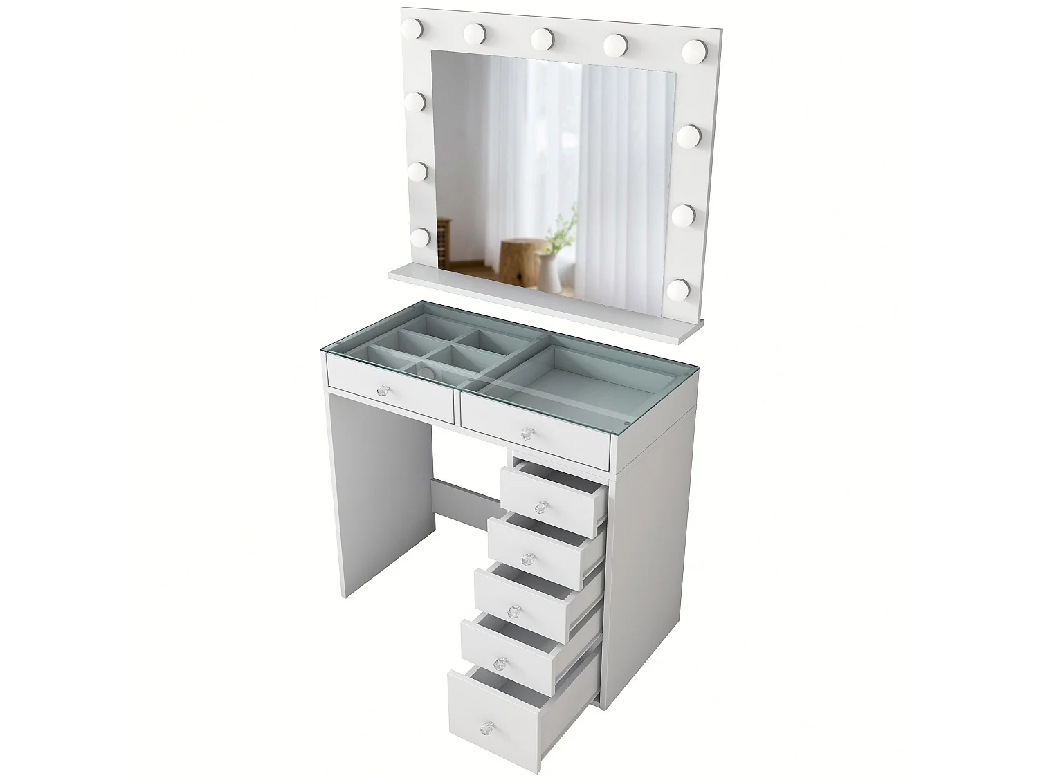 Coiffeuse moderne avec miroir LED et dessus Transparent Beline L90cm Blanc