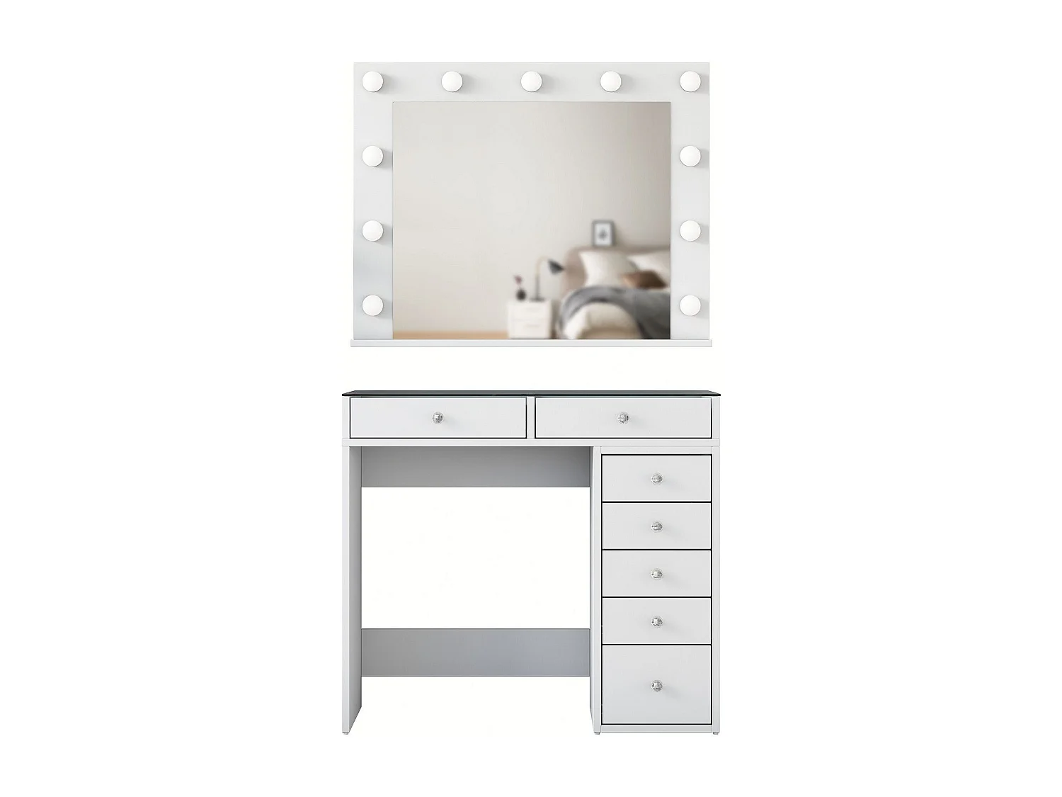 Coiffeuse moderne avec miroir LED et dessus Transparent Beline L90cm Blanc