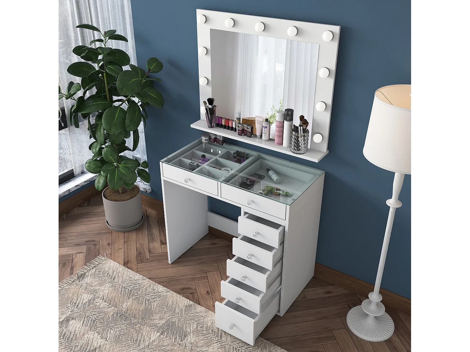 Coiffeuse moderne avec miroir LED et dessus Transparent Beline L90cm Blanc