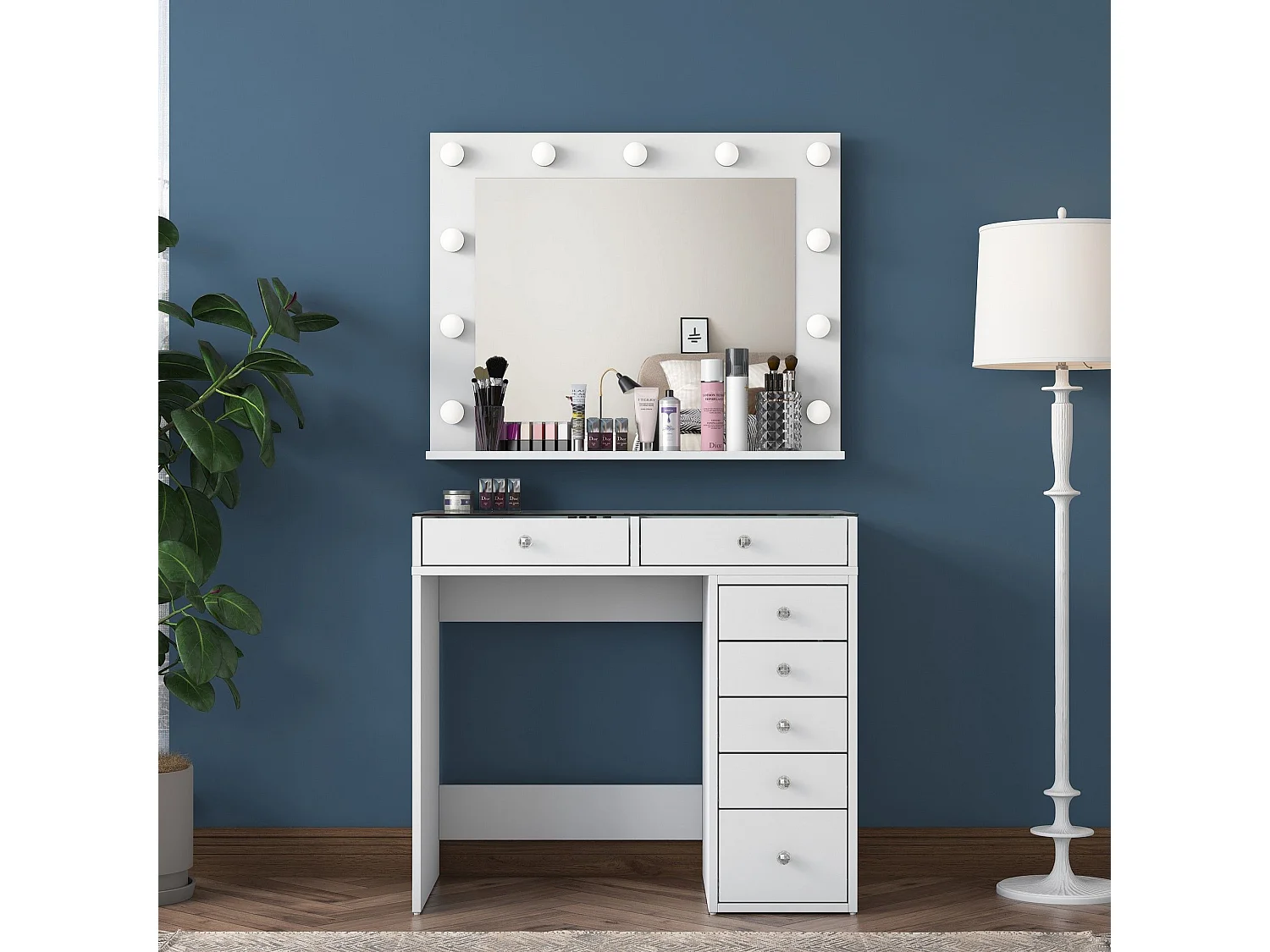 Coiffeuse moderne avec miroir LED et dessus Transparent Beline L90cm Blanc