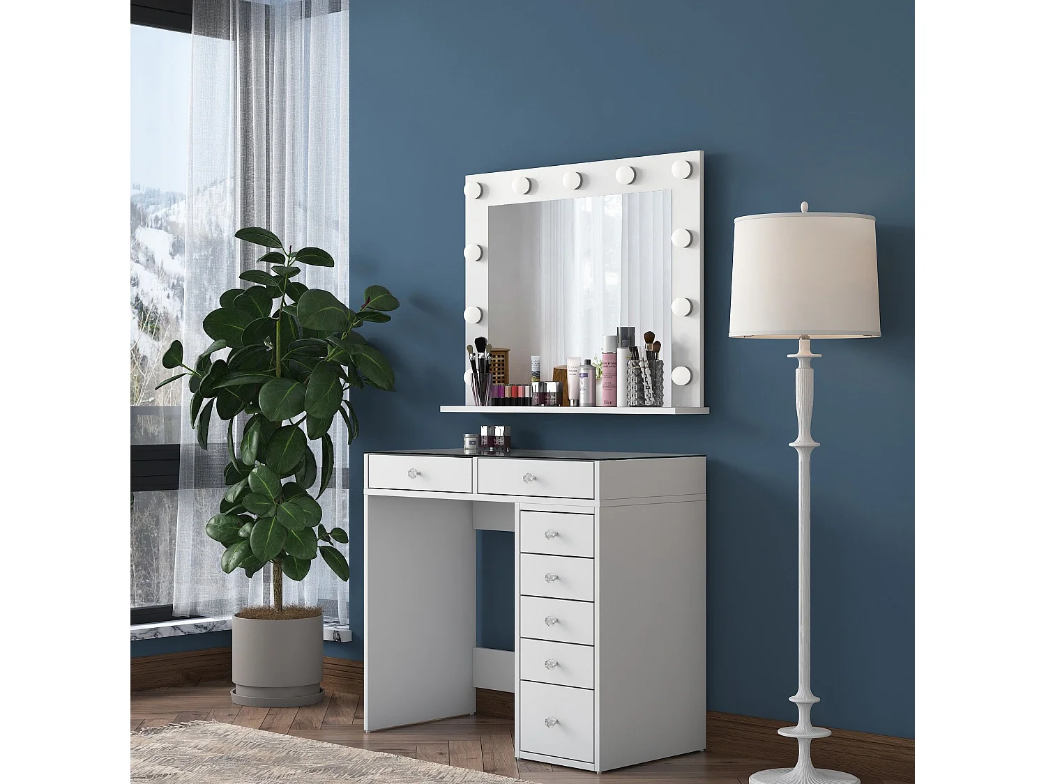 Coiffeuse moderne avec miroir LED et dessus Transparent Beline L90cm Blanc