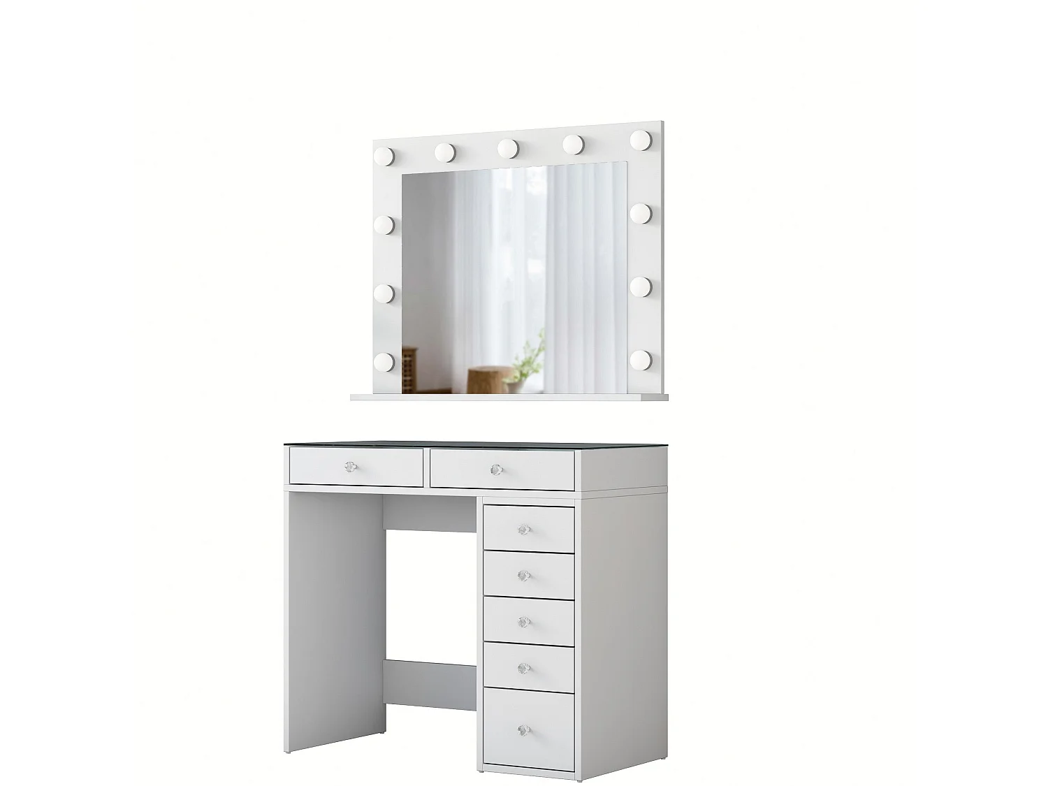 Coiffeuse moderne avec miroir LED et dessus Transparent Beline L90cm Blanc