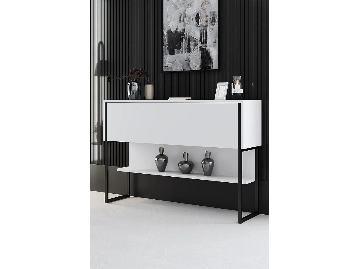 Console moderne 1 porte Sibylle L120cm Bois Blanc et Métal Noir