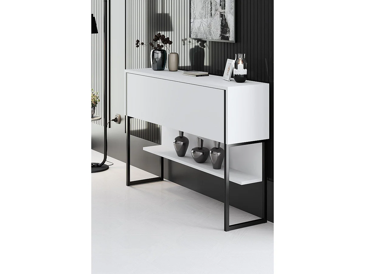 Console moderne 1 porte Sibylle L120cm Bois Blanc et Métal Noir