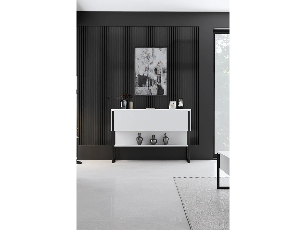 Console moderne 1 porte Sibylle L120cm Bois Blanc et Métal Noir