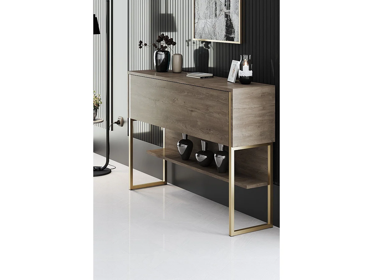 Consola de Entrada Moderna "Madrid" em Dourado e Nogueira - 120x30x80 cm