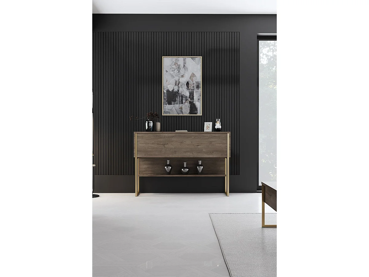 Consola de Entrada Moderna "Madrid" em Dourado e Nogueira - 120x30x80 cm