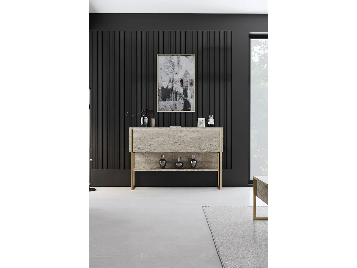 Consola de Entrada Elegante "Madrid" em Travertino e Dourado - Dimensões 120x80x30cm