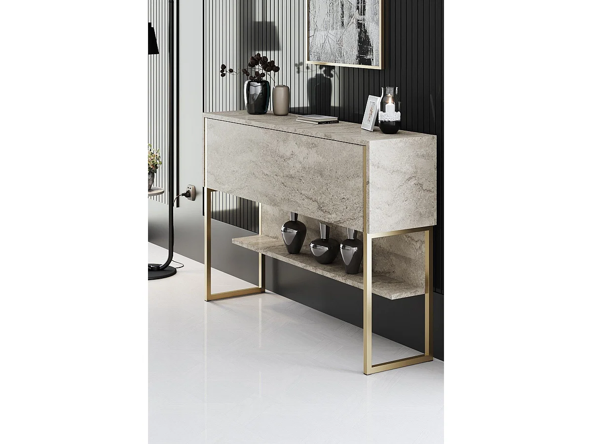 Consola de Entrada Elegante "Madrid" em Travertino e Dourado - Dimensões 120x80x30cm