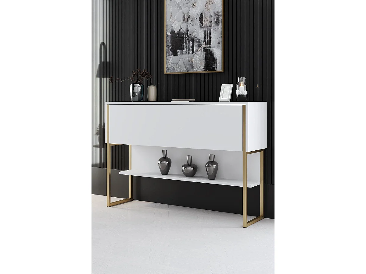 Console moderne 1 porte Sibylle L120cm Bois Blanc et Métal Or