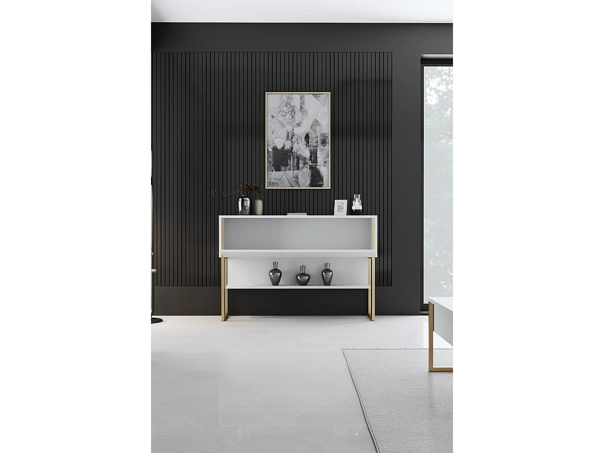 Console moderne 1 porte Sibylle L120cm Bois Blanc et Métal Or
