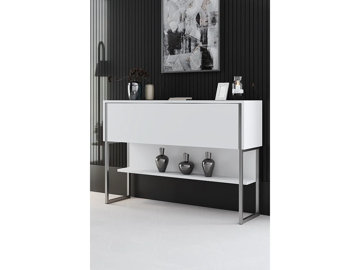 Console moderne 1 porte Sibylle L120cm Bois Blanc et Métal Argent