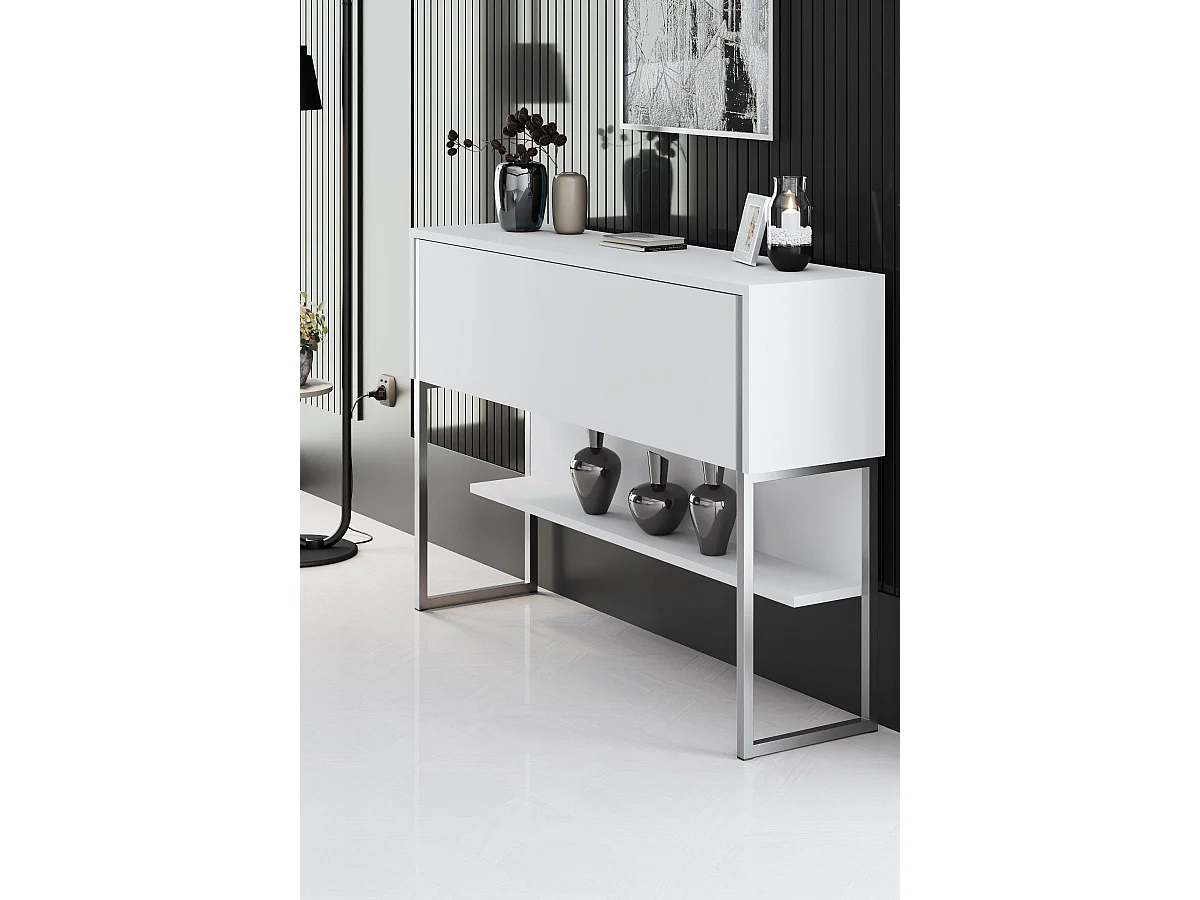 Console moderne 1 porte Sibylle L120cm Bois Blanc et Métal Argent