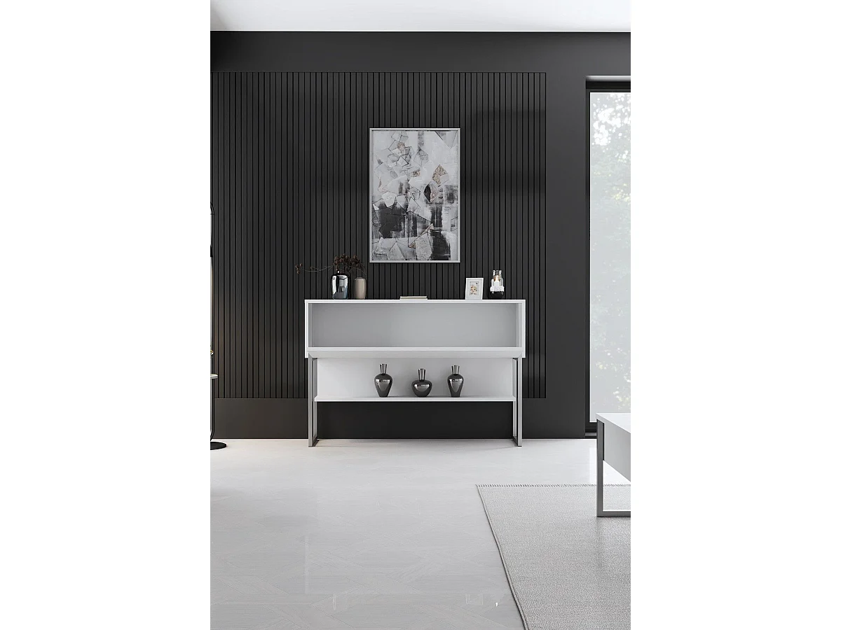 Console moderne 1 porte Sibylle L120cm Bois Blanc et Métal Argent