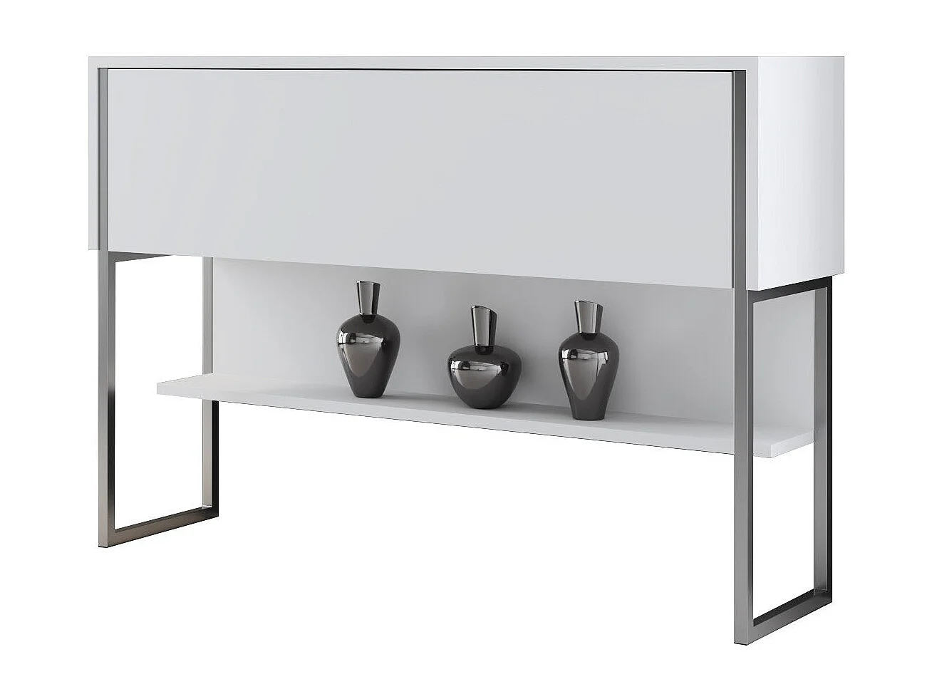 Console moderne 1 porte Sibylle L120cm Bois Blanc et Métal Argent