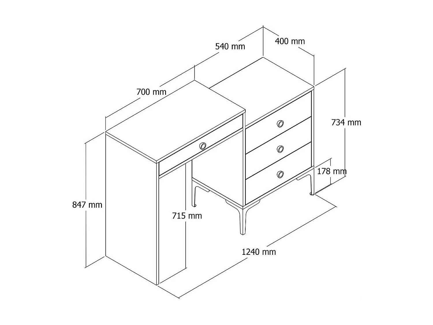 Coiffeuse 4 tiroirs Secondo 124cm Bois