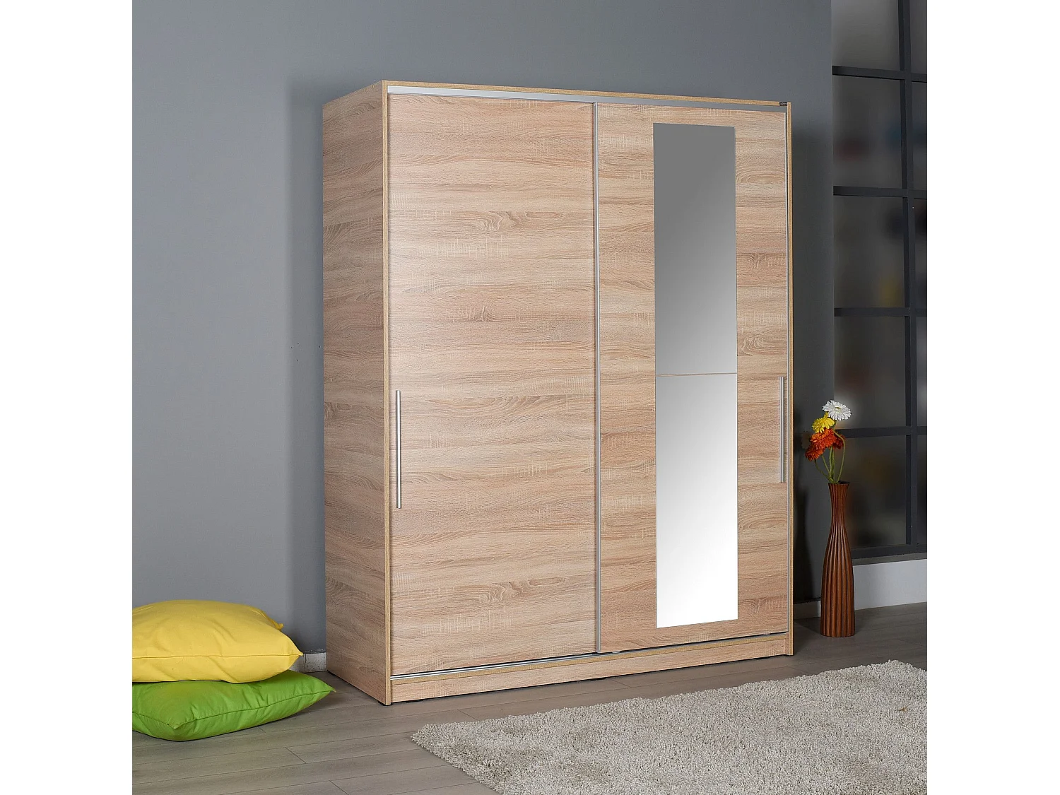 Roupeiro Luxe em Carvalho Sonoma com Porta de Espelho Deslizante - 160 x 207 x 60 cm