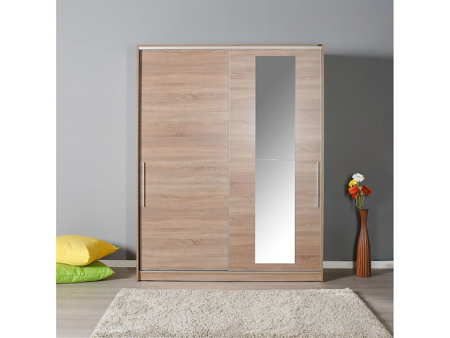 Roupeiro Luxe em Carvalho Sonoma com Porta de Espelho Deslizante - 160 x 207 x 60 cm