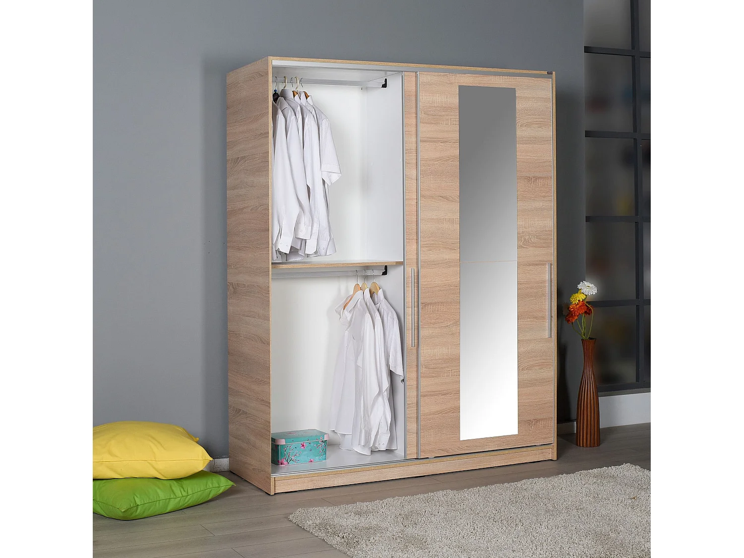 Roupeiro Luxe em Carvalho Sonoma com Porta de Espelho Deslizante - 160 x 207 x 60 cm