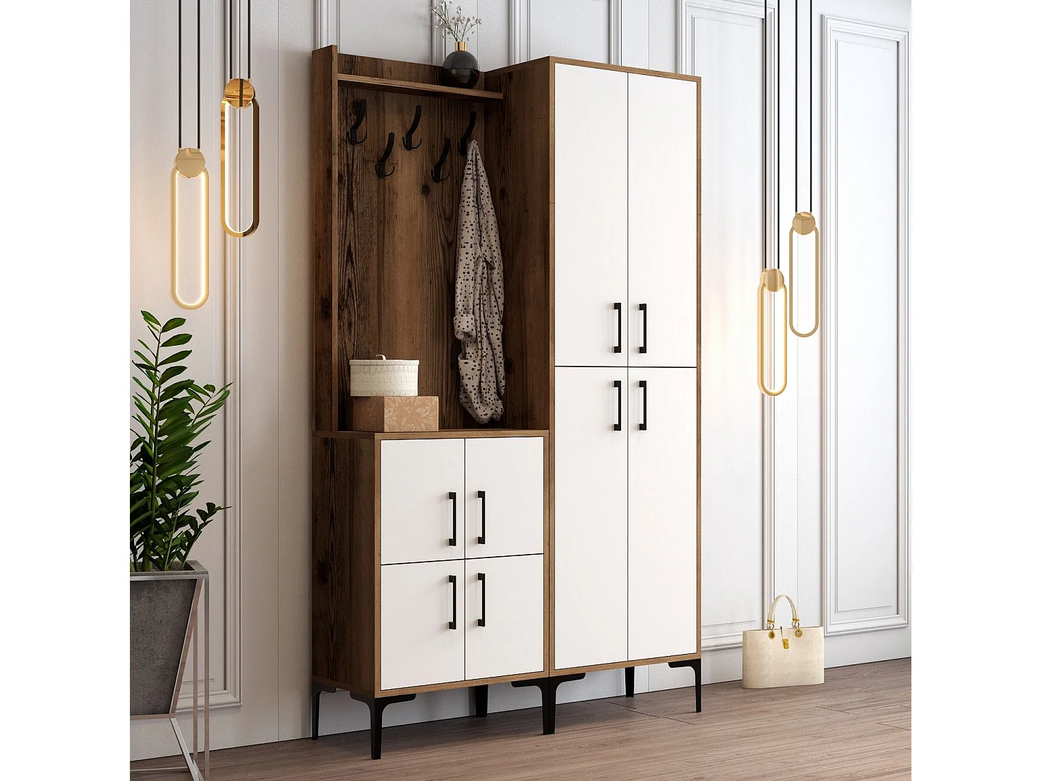 Conjunto de Entrada Milano com Sapateira e Cabide - Nogueira e Branco - Design Moderno e Funcional