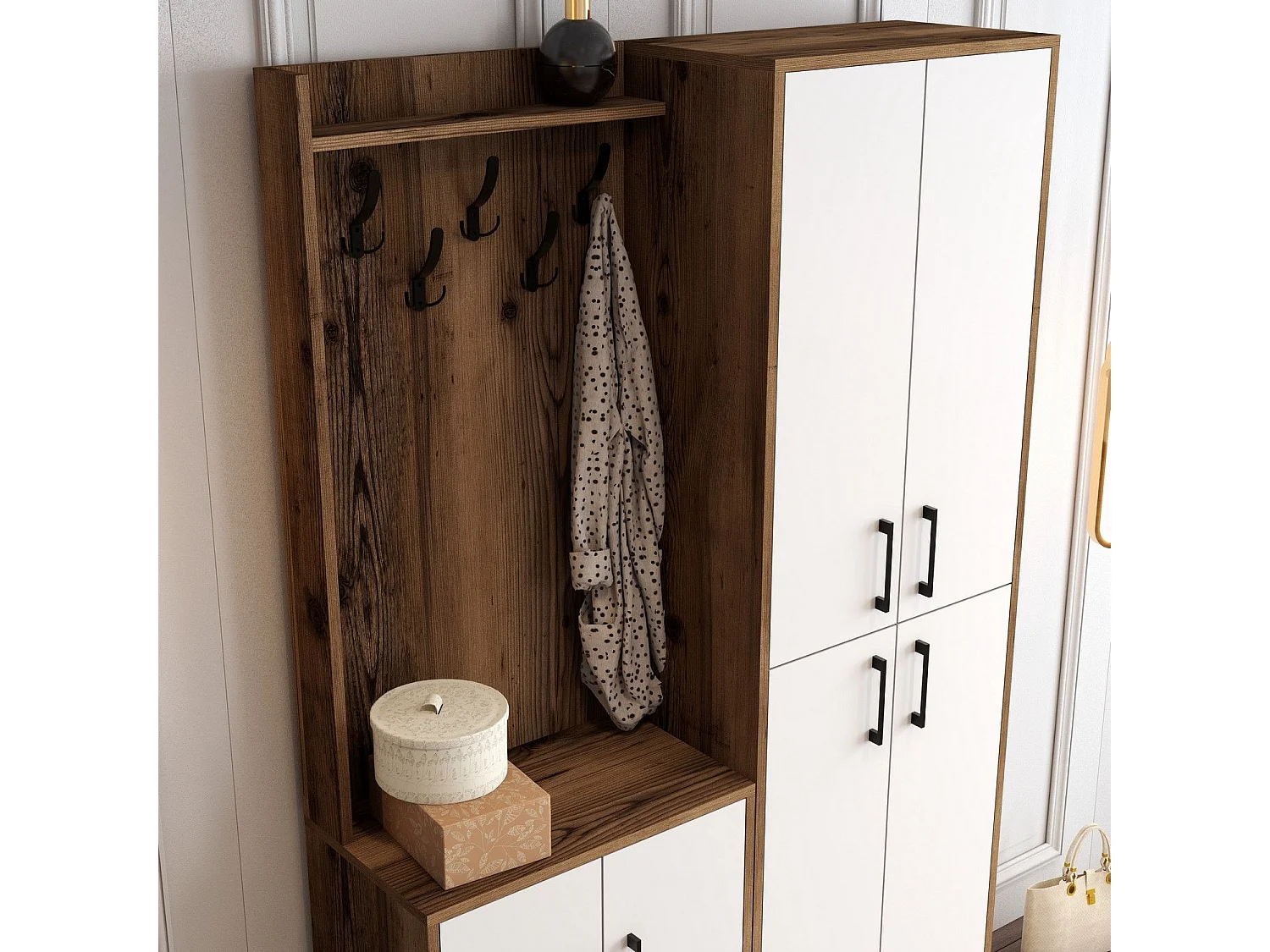 Conjunto de Entrada Milano com Sapateira e Cabide - Nogueira e Branco - Design Moderno e Funcional