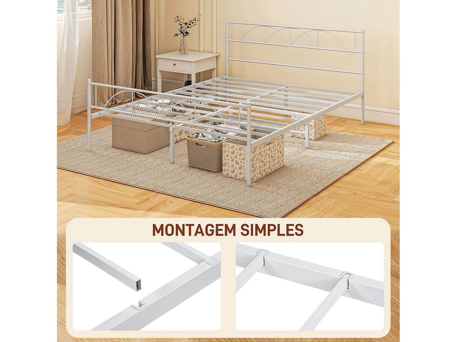 Estructura de cama doble Alaska Homcom con cabecero acero blanco 150x200 cm