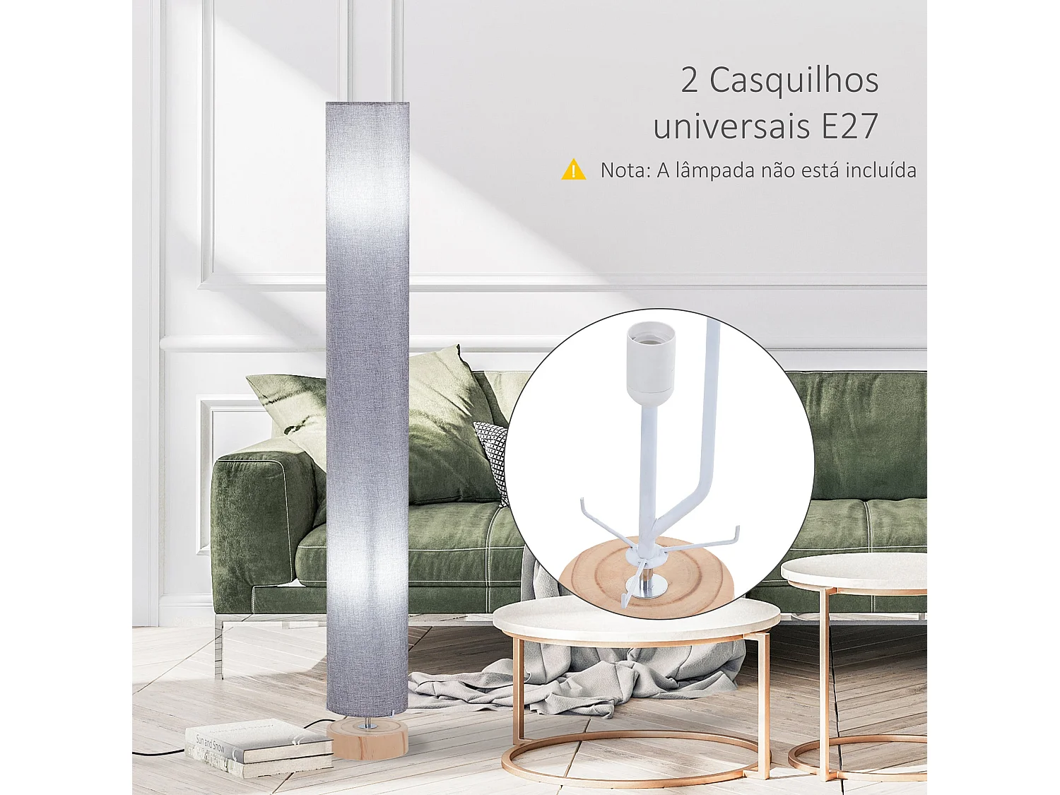 Candeeiro de Pé Moderno HOMCOM com Cúpula de Linho e Estrutura de Metal - 40W E27 - Cinza