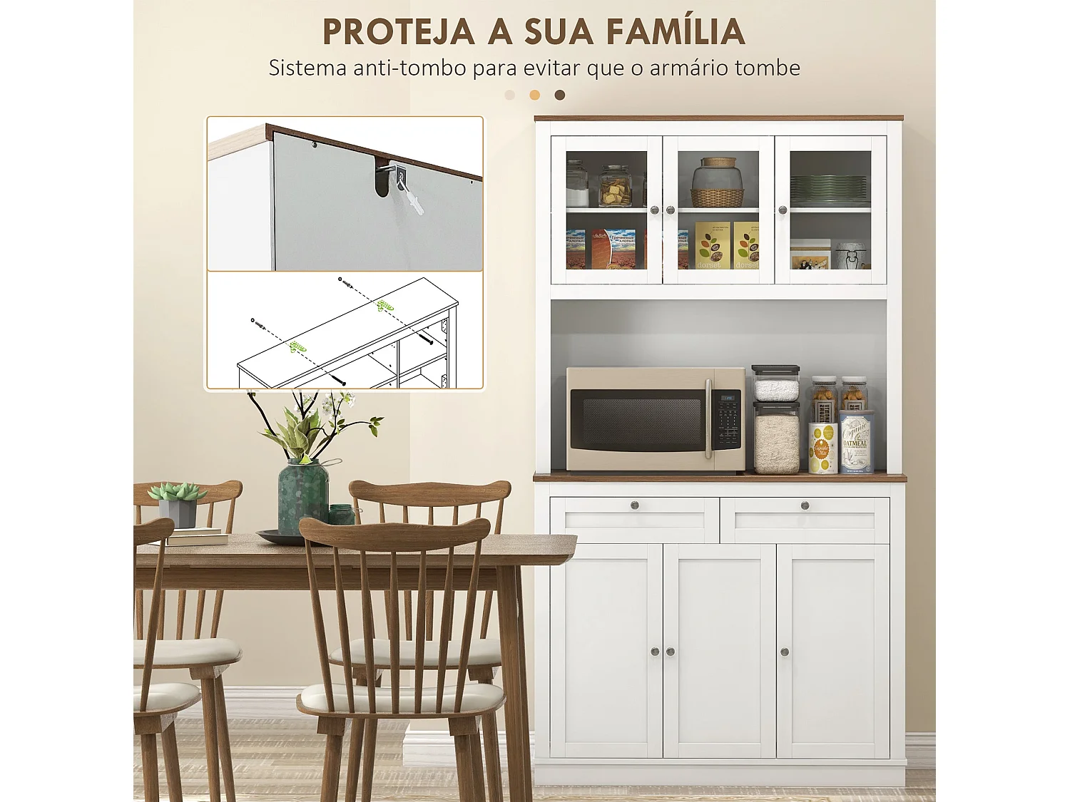 Meuble de cuisine à 3 portes vitrées, 100 x 40 x 180 cm, blanc