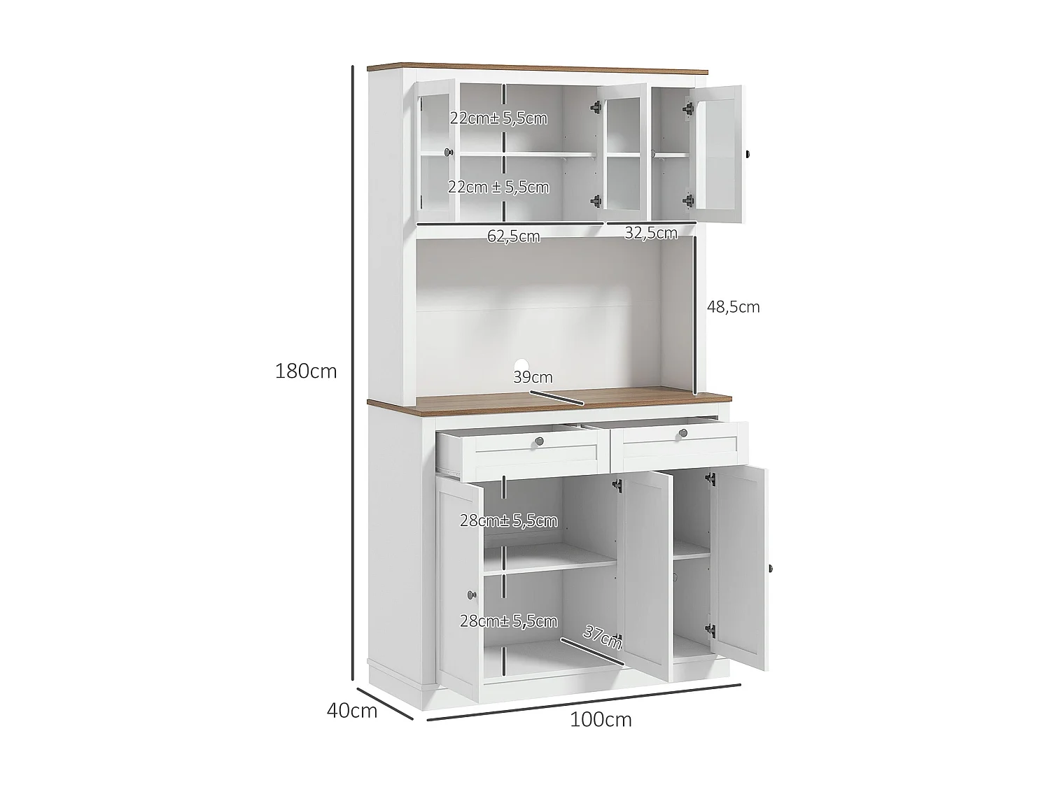 Meuble de cuisine à 3 portes vitrées, 100 x 40 x 180 cm, blanc